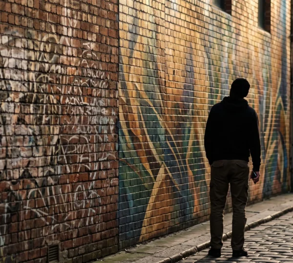 Mur urbain partagé entre une zone de tags bruts et une fresque colorée soignée, symbolisant la frontière entre vandalisme et street art reconnu