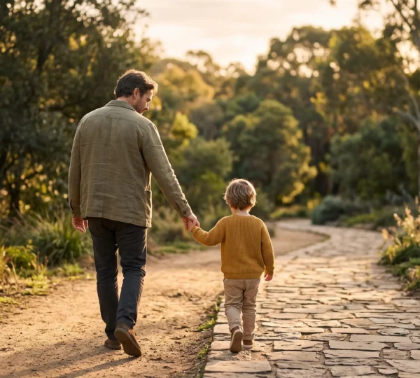 Un parent et un enfant marchant main dans la main sur un chemin qui symbolise le parcours scolaire, de la terre battue vers la pierre pavée