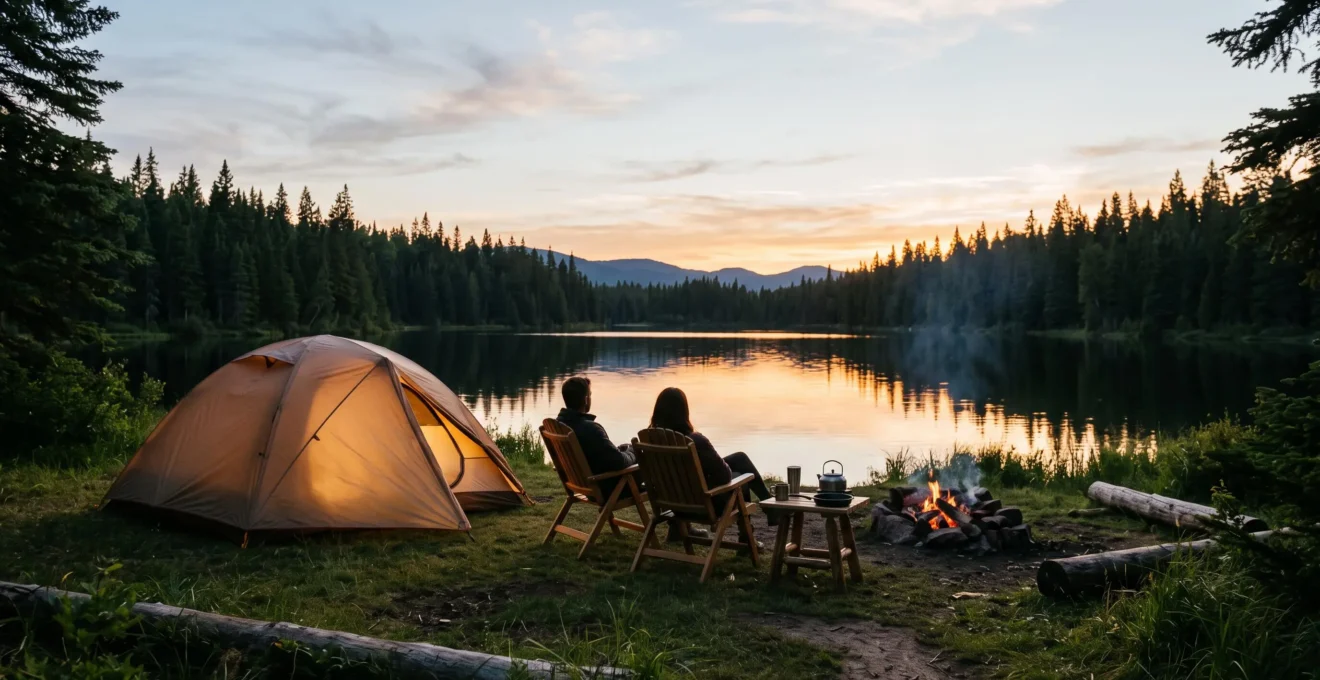 Emplacement de camping bien installe au coucher du soleil avec tente, table et feu de camp, symbolisant une premiere semaine de camping reussie