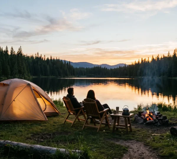 Emplacement de camping bien installe au coucher du soleil avec tente, table et feu de camp, symbolisant une premiere semaine de camping reussie