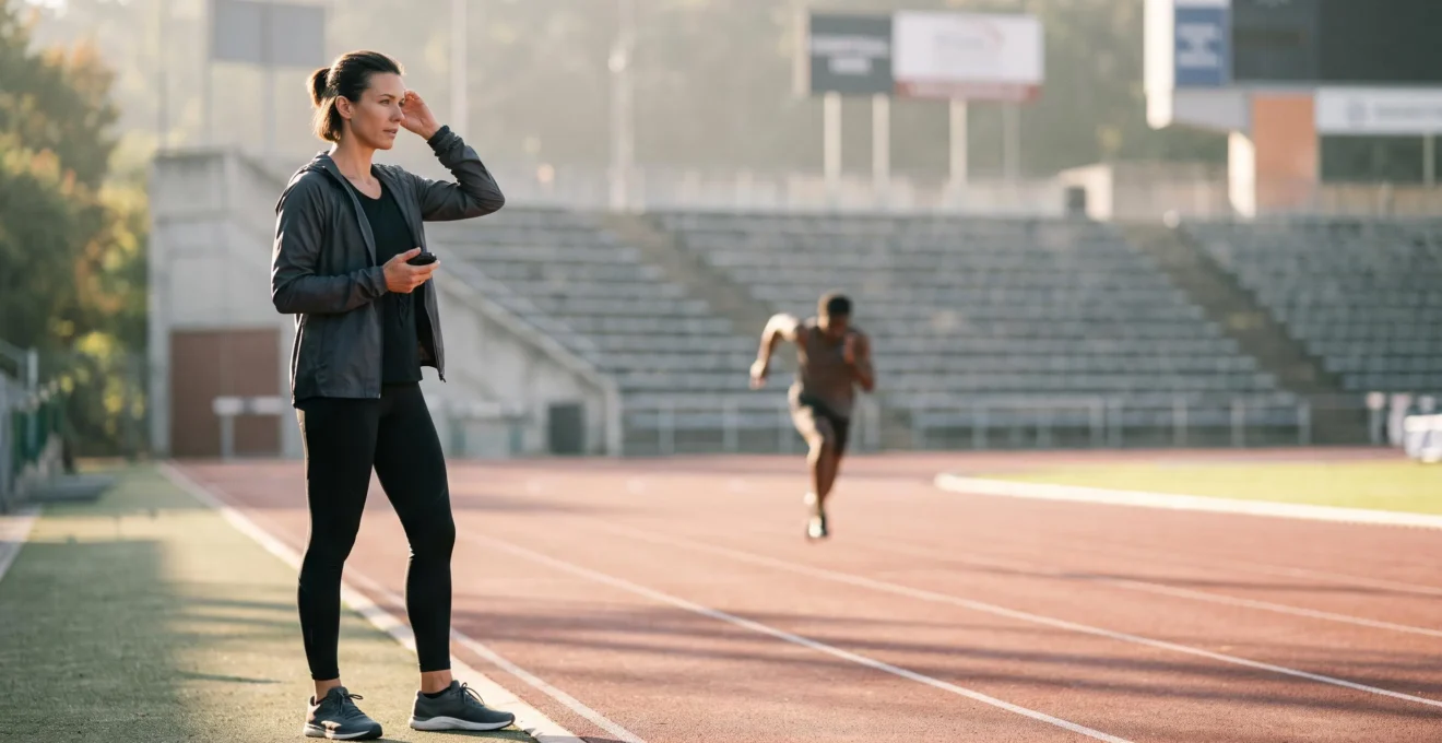 Préparateur physique observant un athlète en pleine séance d'entraînement sur un terrain professionnel