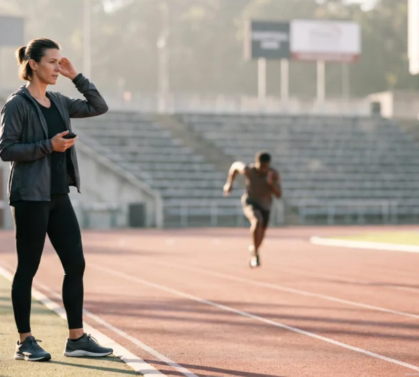 Préparateur physique observant un athlète en pleine séance d'entraînement sur un terrain professionnel