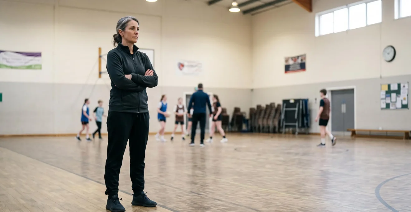 Un dirigeant bénévole de club sportif observe une séance d'entraînement depuis les gradins d'un gymnase, symbolisant le pilotage d'une structure sportive.