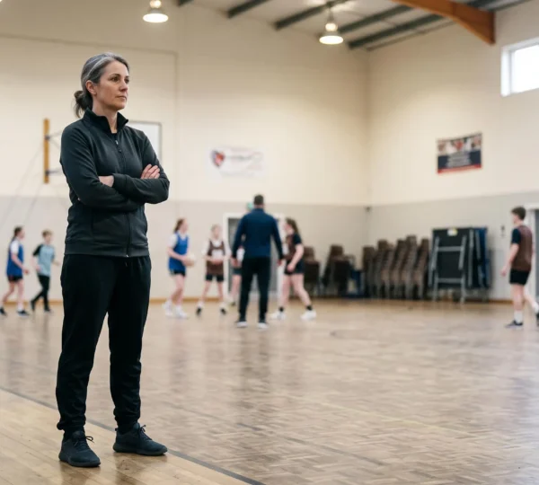 Un dirigeant bénévole de club sportif observe une séance d'entraînement depuis les gradins d'un gymnase, symbolisant le pilotage d'une structure sportive.
