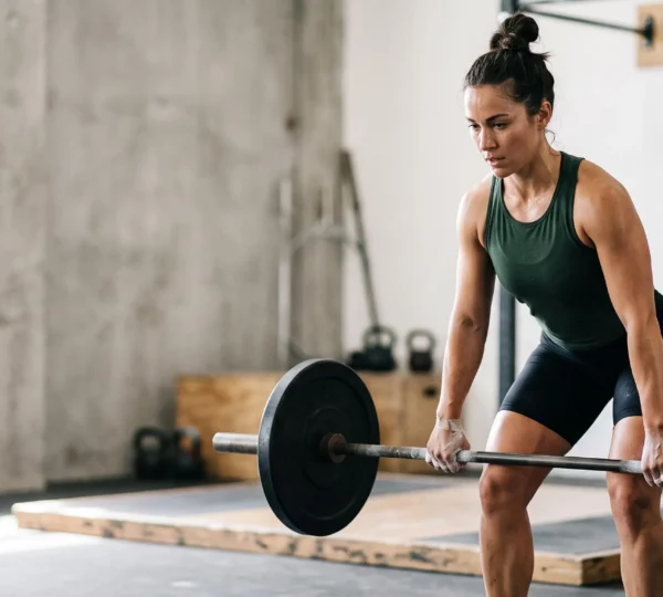 Personne athlétique s'entraînant avec détermination dans une salle de sport épurée, symbolisant une progression construite sur douze semaines