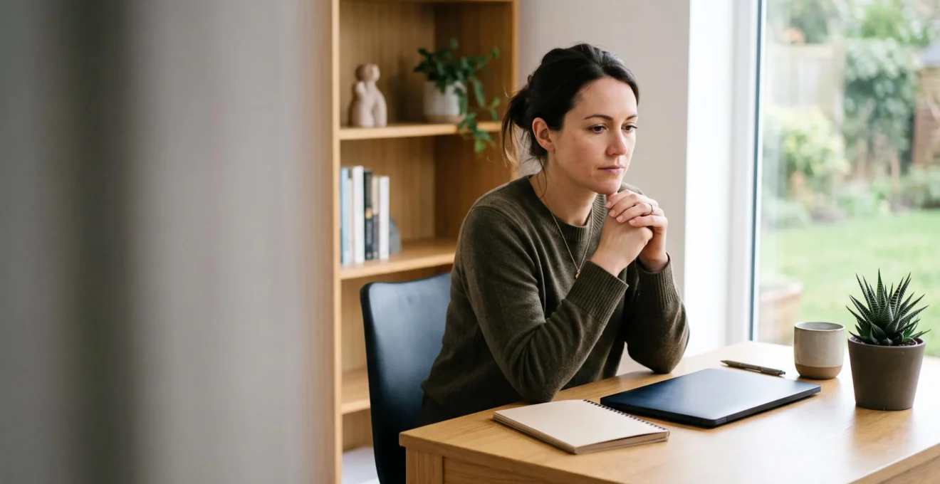 Une personne en reconversion professionnelle travaillant avec concentration sur un poste de travail créatif mêlant code et design, symbolisant la transition vers un métier du numérique