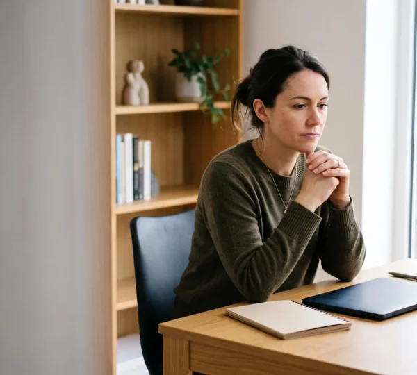 Une personne en reconversion professionnelle travaillant avec concentration sur un poste de travail créatif mêlant code et design, symbolisant la transition vers un métier du numérique