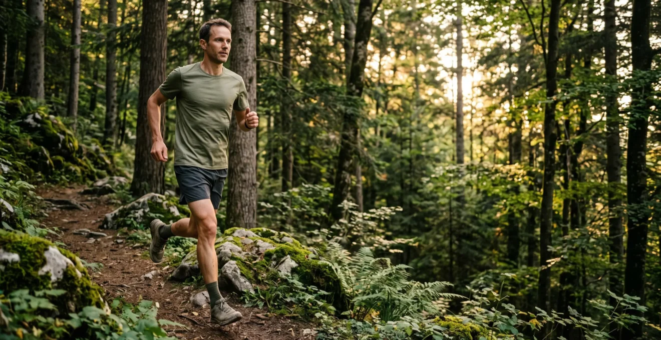 Un adulte de plus de 35 ans s'elance prudemment sur un sentier forestier au lever du jour, incarnant une reprise sportive sereine et securisee