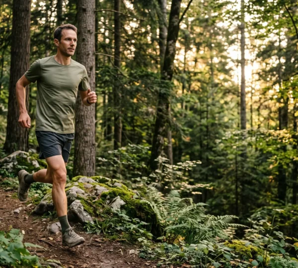 Un adulte de plus de 35 ans s'elance prudemment sur un sentier forestier au lever du jour, incarnant une reprise sportive sereine et securisee