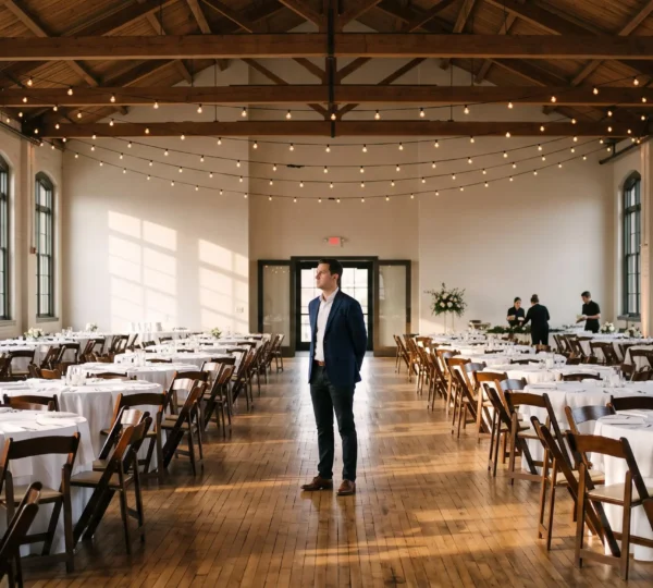 Salle de réception élégante et vide, méticuleusement préparée juste avant l'arrivée de 200 invités, symbolisant la maîtrise logistique.