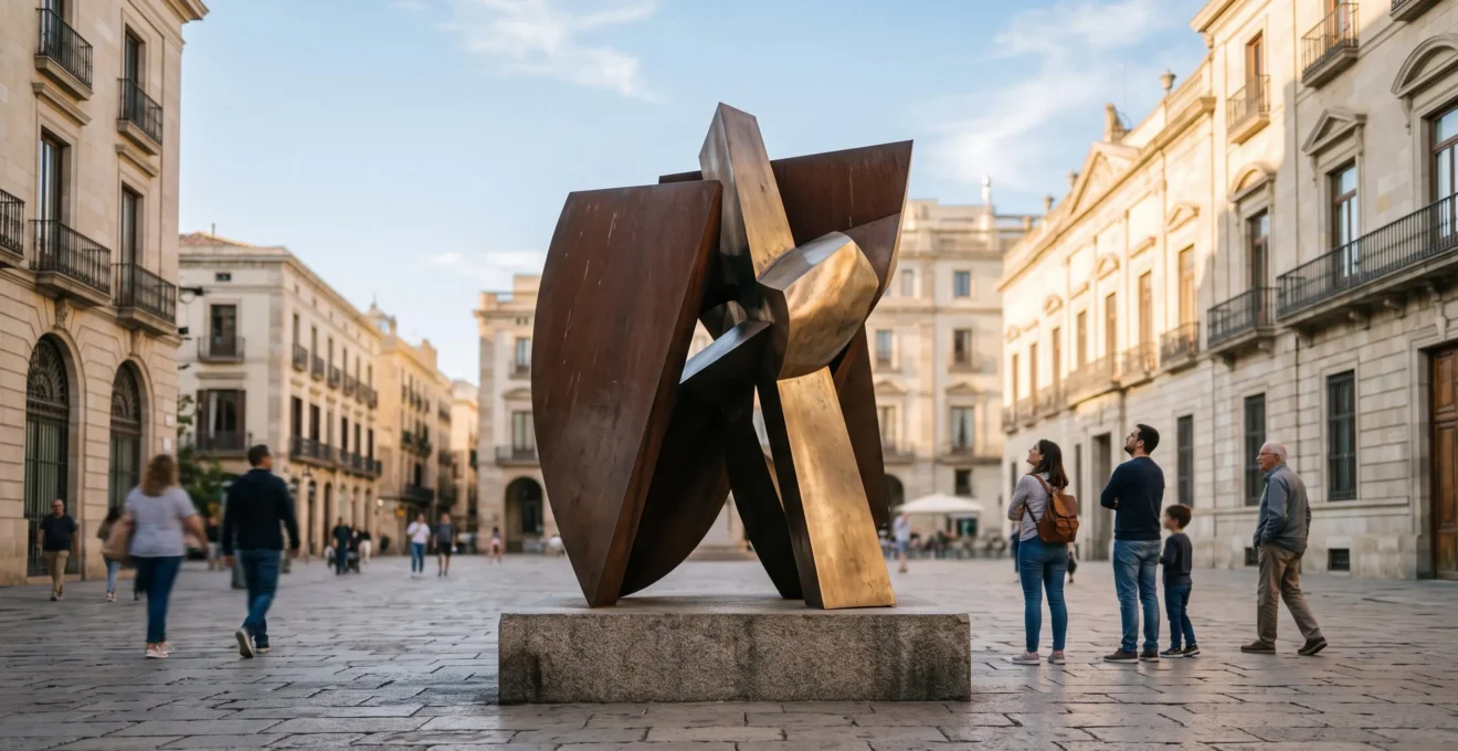 Une sculpture monumentale contemporaine se dresse au centre d'une place publique baignée de lumière douce, avec des passants qui l'observent de loin