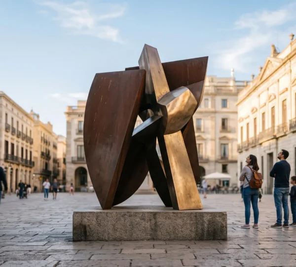 Une sculpture monumentale contemporaine se dresse au centre d'une place publique baignée de lumière douce, avec des passants qui l'observent de loin
