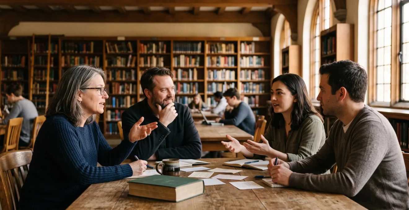 Ambiance chaleureuse d'un séminaire littéraire collectif autour de l'œuvre de Proust dans une salle d'étude lumineuse
