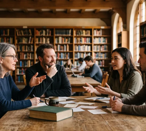 Ambiance chaleureuse d'un séminaire littéraire collectif autour de l'œuvre de Proust dans une salle d'étude lumineuse