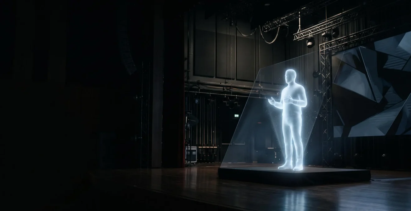 Silhouette lumineuse évoquant une apparition holographique sur une scène d'événement plongée dans la pénombre