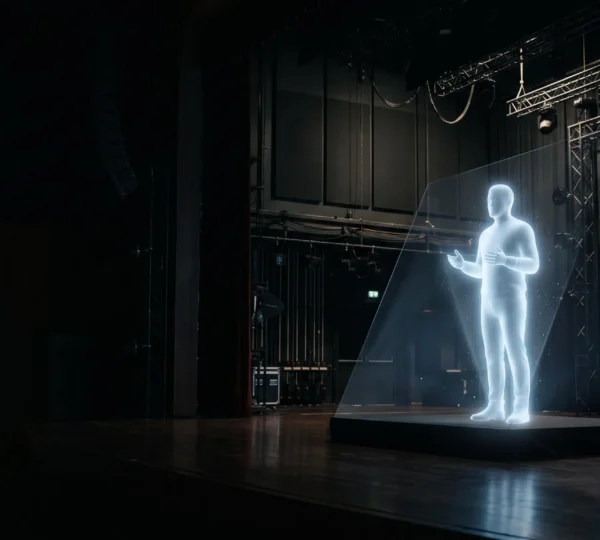 Silhouette lumineuse évoquant une apparition holographique sur une scène d'événement plongée dans la pénombre