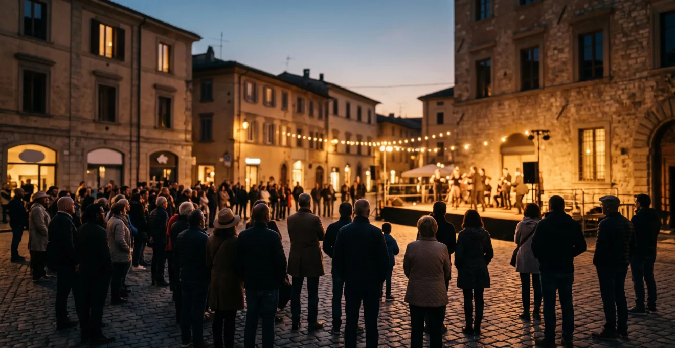 Foule diverse profitant d'un spectacle culturel gratuit en plein air au coucher du soleil sur une place publique