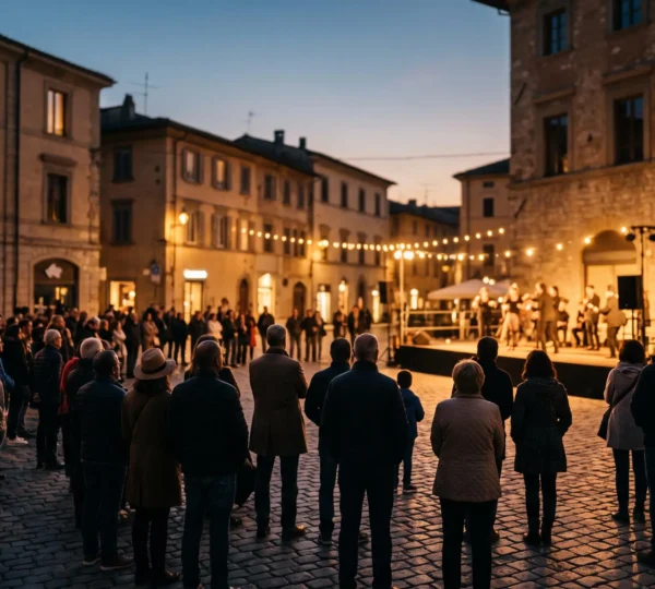 Foule diverse profitant d'un spectacle culturel gratuit en plein air au coucher du soleil sur une place publique