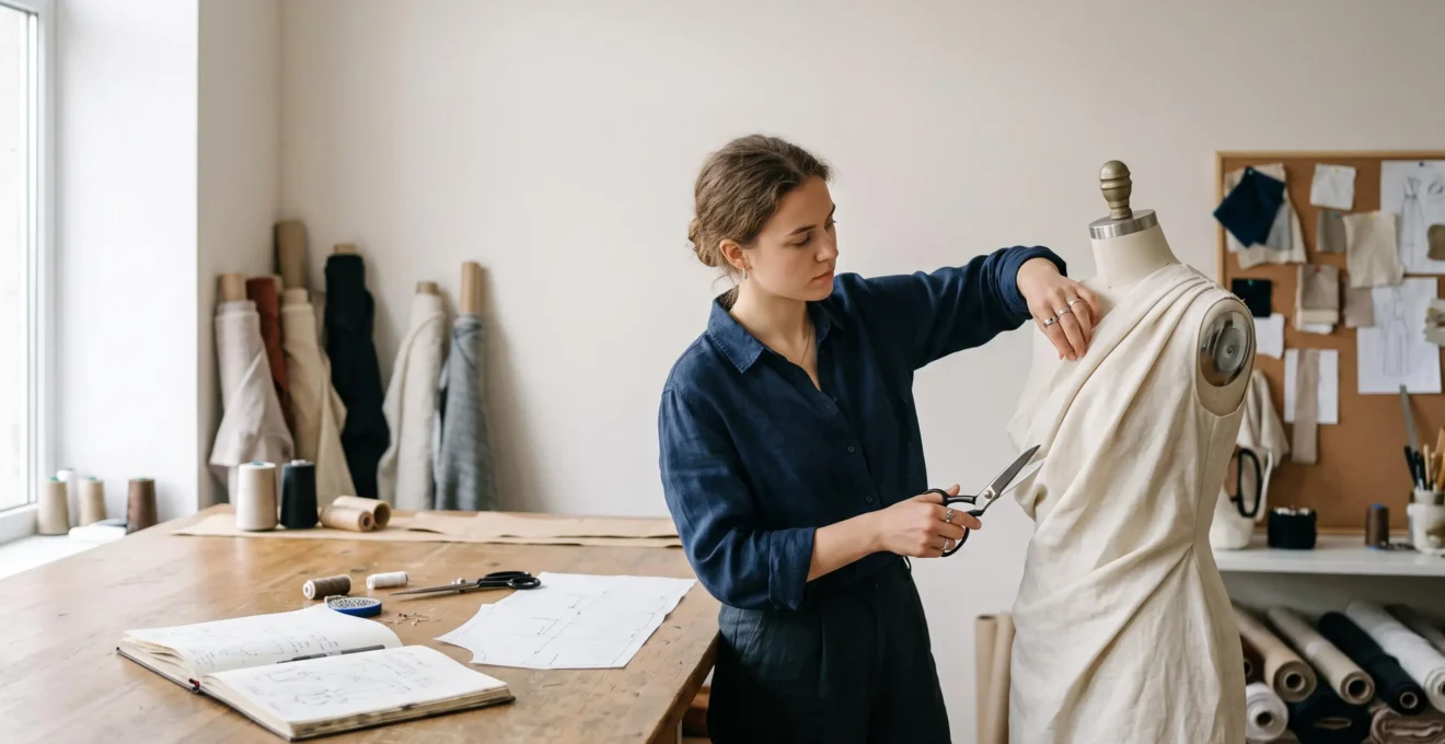 Jeune styliste concentré sur un patron de vêtement dans un atelier de mode lumineux, entre croquis et tissu drapé