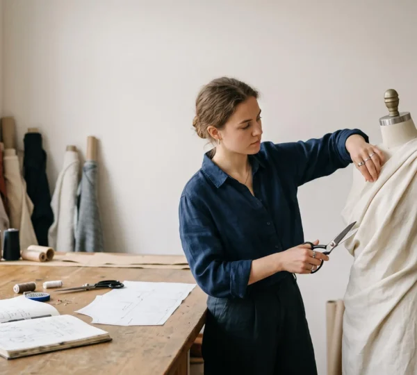 Jeune styliste concentré sur un patron de vêtement dans un atelier de mode lumineux, entre croquis et tissu drapé