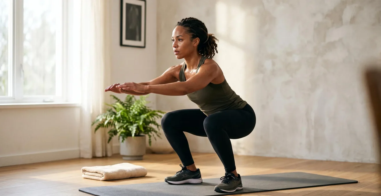 Une personne effectuant un squat au poids du corps dans un salon lumineux et minimaliste, symbolisant la transformation physique progressive en 90 jours