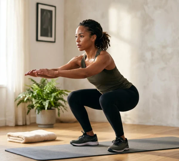 Une personne effectuant un squat au poids du corps dans un salon lumineux et minimaliste, symbolisant la transformation physique progressive en 90 jours