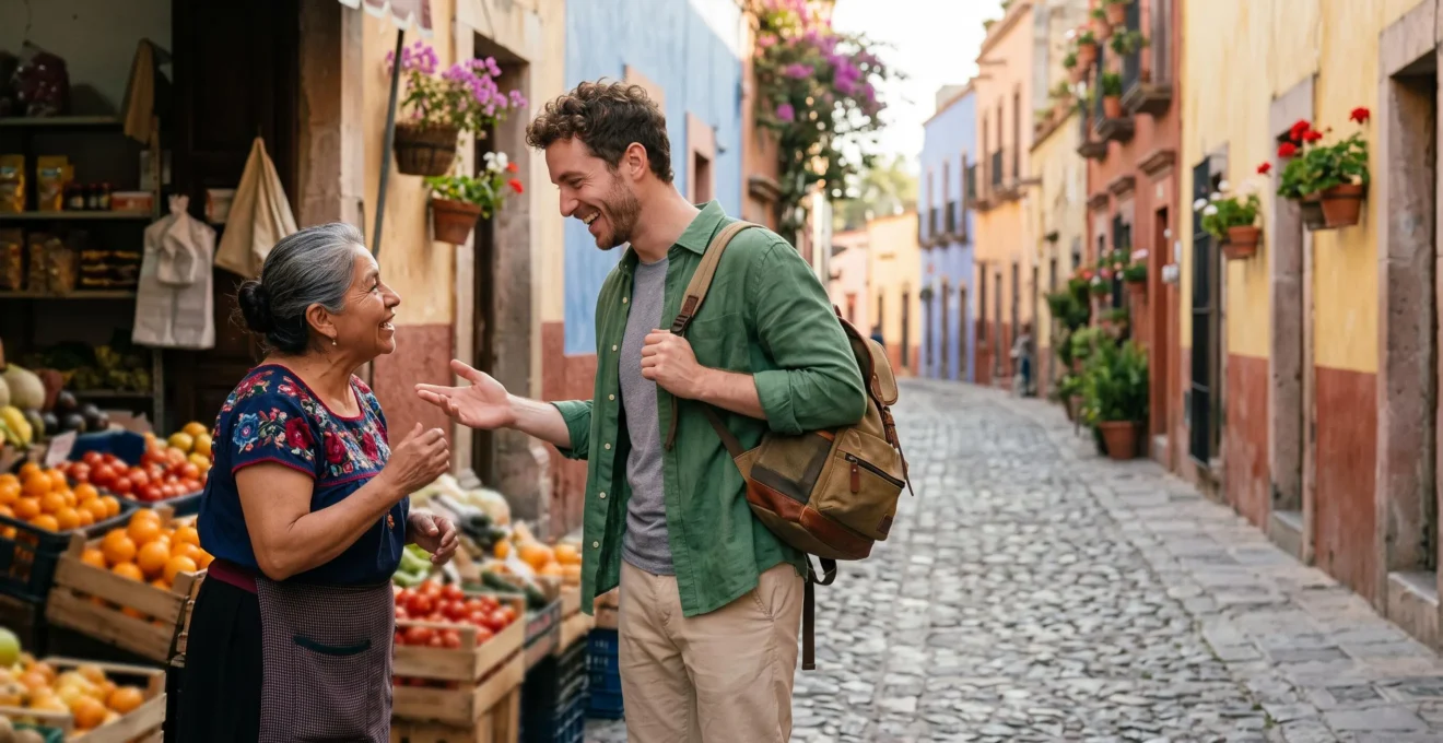 Voyageur souriant échangeant avec un habitant dans une ruelle animée typique d'un pays hispanophone, symbole de l'autonomie linguistique en voyage.