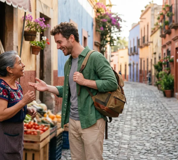 Voyageur souriant échangeant avec un habitant dans une ruelle animée typique d'un pays hispanophone, symbole de l'autonomie linguistique en voyage.