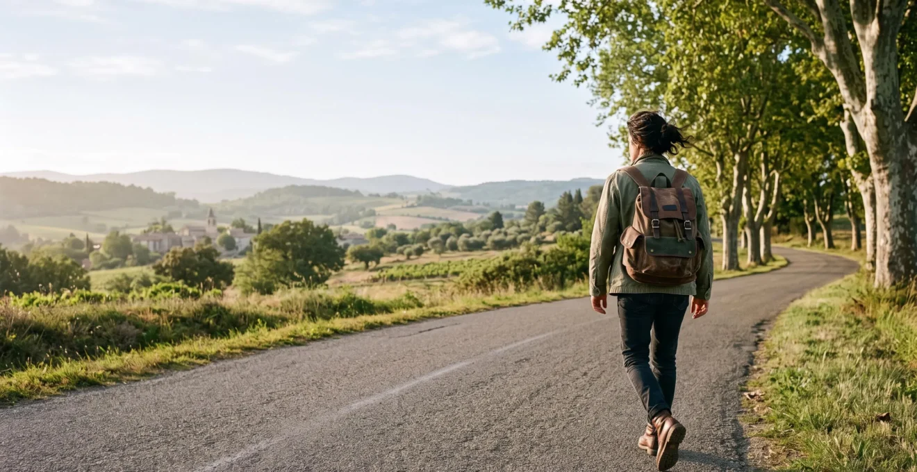 Voyageur avec un sac à dos marchant sur une route de campagne française au lever du soleil, symbole d'un voyage économique et authentique