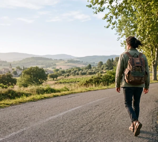 Voyageur avec un sac à dos marchant sur une route de campagne française au lever du soleil, symbole d'un voyage économique et authentique