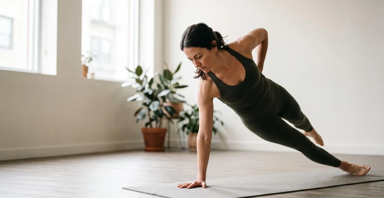 Une personne pratiquant une posture d'étirement du dos au sol dans une lumière naturelle douce, illustrant le choix entre yoga et pilates pour soulager les maux de dos